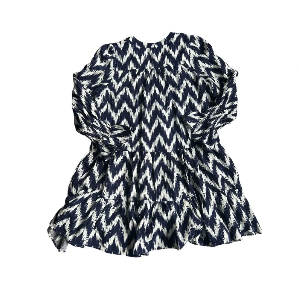Pomander Place Navy White Ikat Kenzo Dress Chevron‎ Tiered Mini Women's Medium